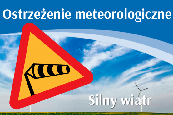 Grafika z napisem ostrzeżenie meteorologiczne - silny wiatr