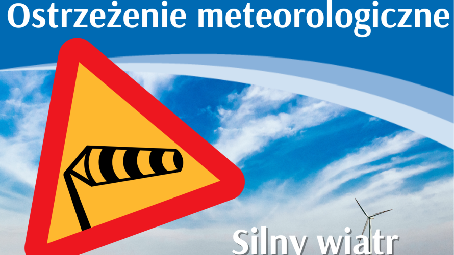 Grafika z napisem ostrzeżenie meteorologiczne - silny wiatr