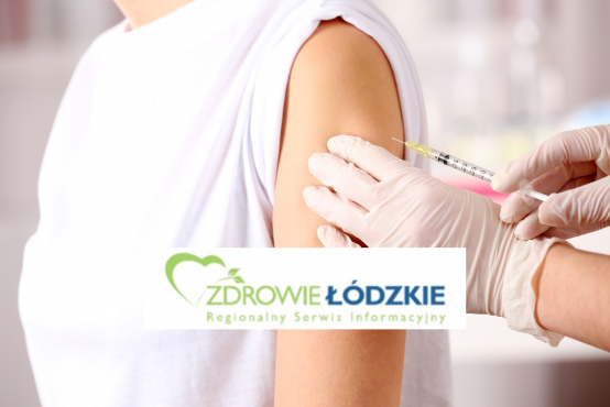Logo Zdrowe Łódzkie na tle zdjęcia pokazującego moment podawania szczepionki