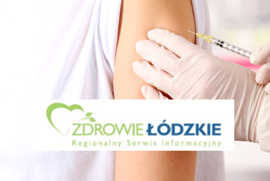Logo Zdrowe Łódzkie na tle zdjęcia pokazującego moment podawania szczepionki
